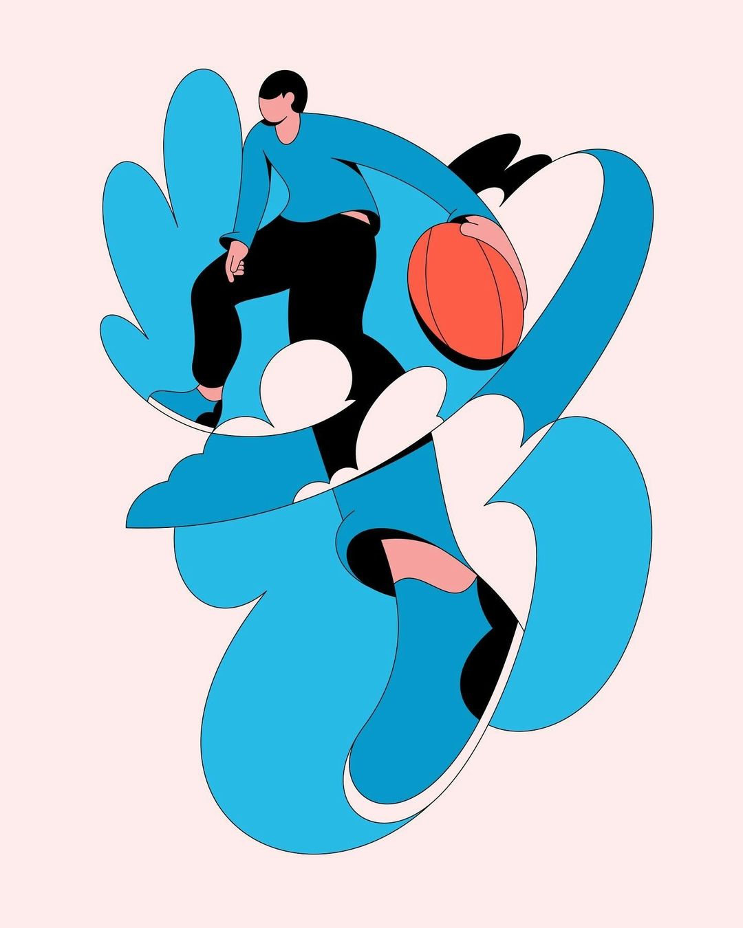 Illustration of a man dribbling a basketball on a light pink background with blue abstract shapes suggesting motion and energy.