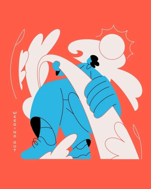 Whimsical graphic illustration features a person in blue holding a white, curved element against a warm orange backdrop with abstract shapes.