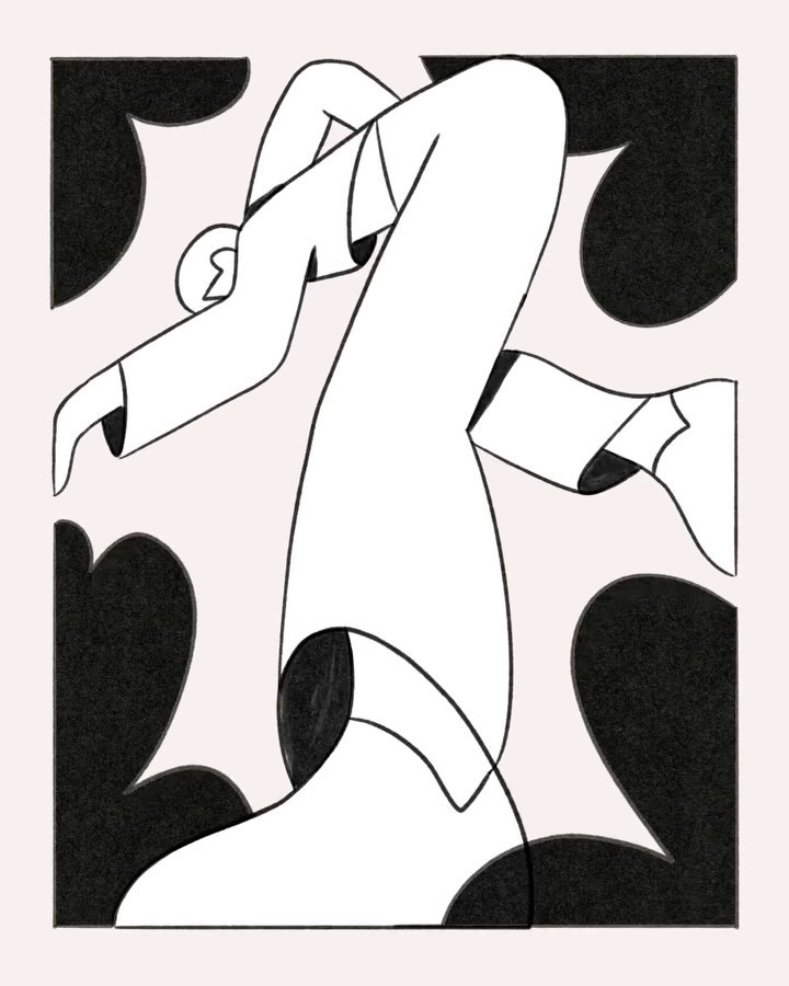 Stylized black and white illustration of a person in motion, geometric shapes, and simple lines against a light pink background.