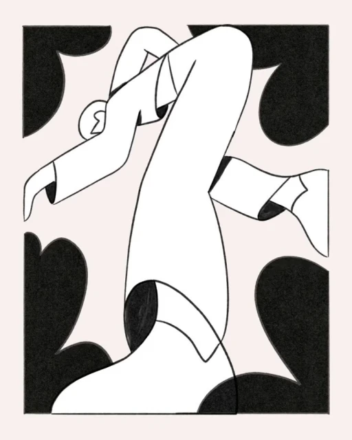 Stylized black and white illustration of a person in motion, geometric shapes, and simple lines against a light pink background.