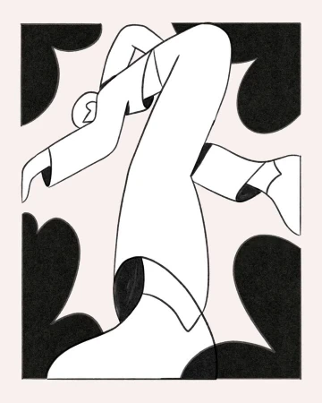 Stylized black and white illustration of a person in motion, geometric shapes, and simple lines against a light pink background.