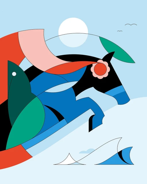Abstract geometric art featuring a horse, fish, sun, and seagulls against a blue sky in a modern, minimalist composition.