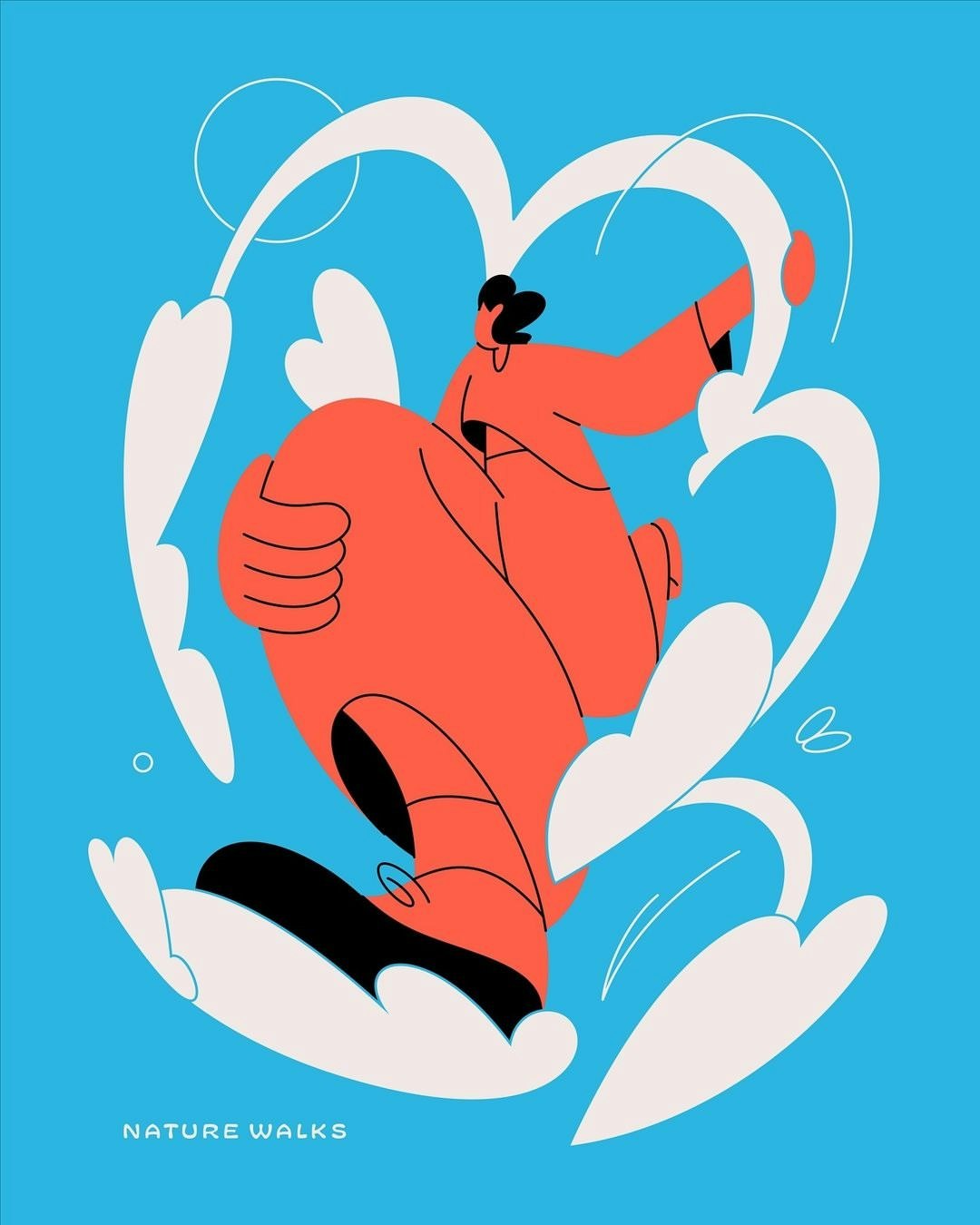 Illustrated person in orange outfit stepping through whimsical white shapes on a blue background, with text 'Nature Walks'.