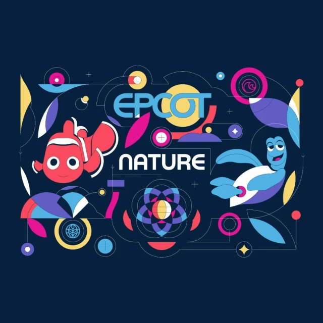 Illustration with a clownfish and sea turtle against a dark blue background, incorporating the Epcot logo and geometric designs.