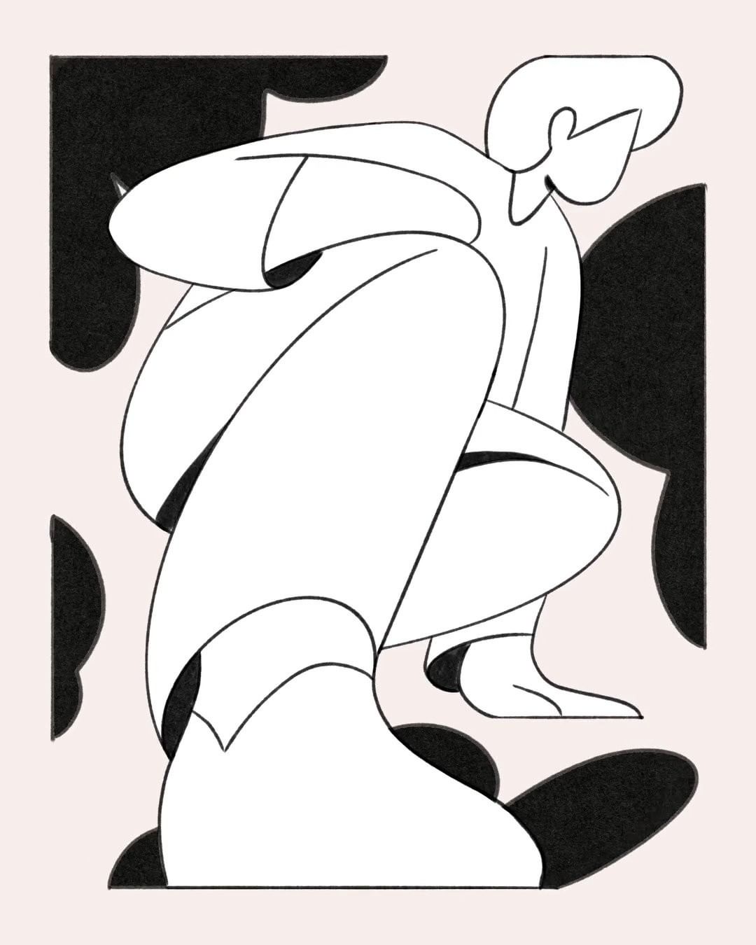 Line art illustration features a minimalist abstract human figure in a crouched position, with geometric shapes against a pale background.