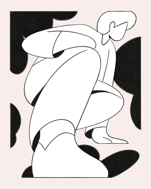Line art illustration features a minimalist abstract human figure in a crouched position, with geometric shapes against a pale background.