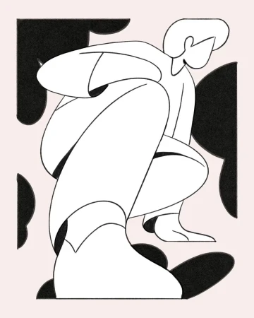 Line art illustration features a minimalist abstract human figure in a crouched position, with geometric shapes against a pale background.