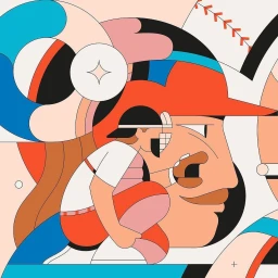 Colorful vector illustration of baseball players and abstract shapes by illustrator Calvin Sprague in Paris.