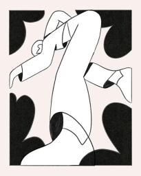 Monochrome illustration of a bending figure with bold black cloud shapes on a pale pink background by Calvin Sprague