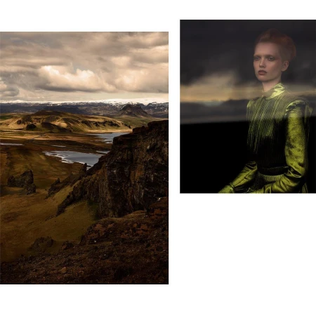 Woman in green dress contrasted with a rugged landscape and cloudy sky; studio setting with diffused lighting highlighting textures.