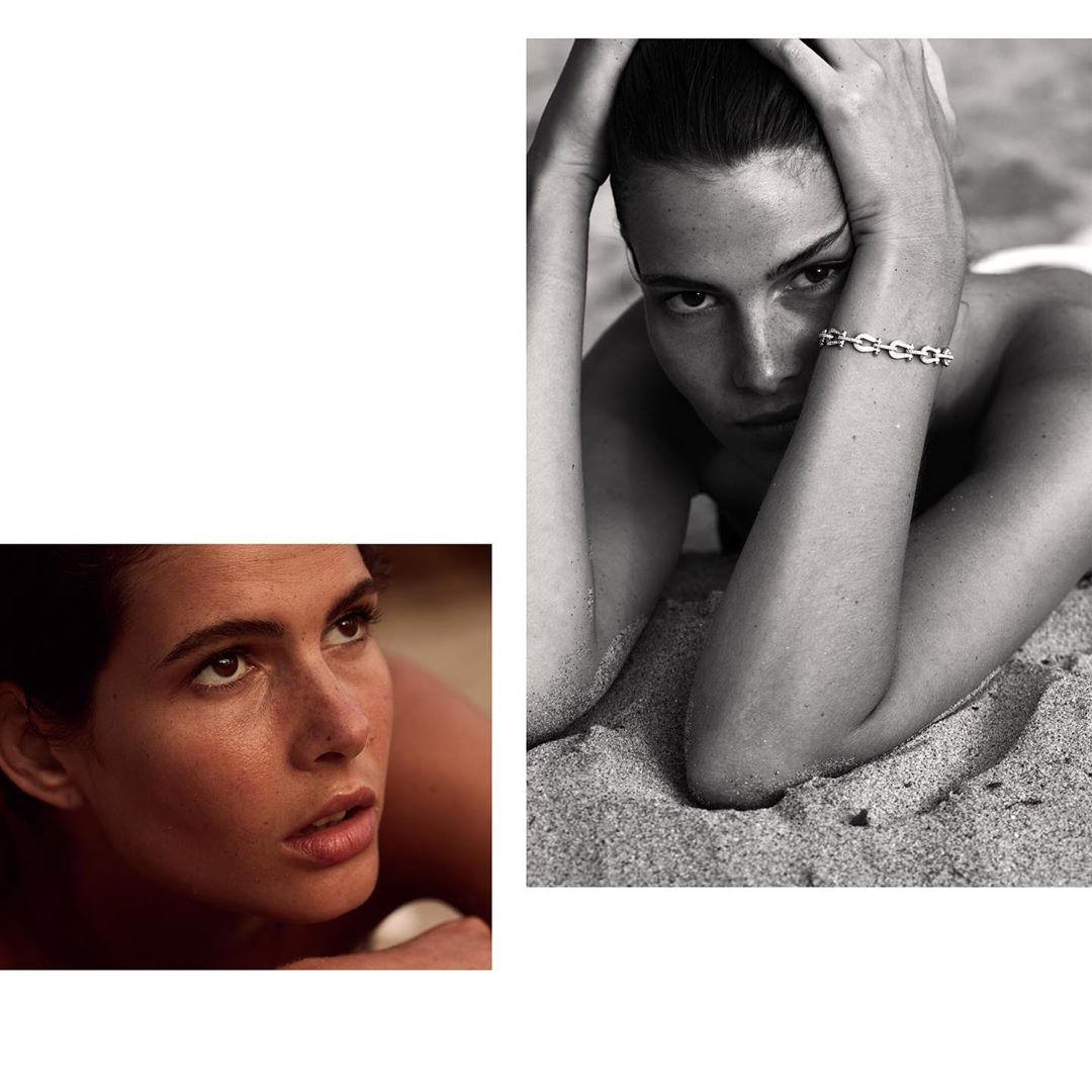 Black and white portrait of a woman lying on sand with hands framing her head, alongside a sepia-toned close-up crop.