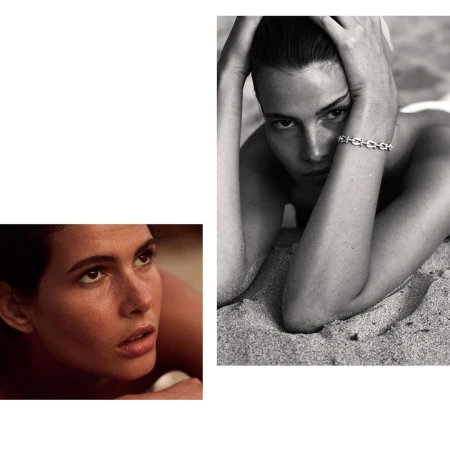 Black and white portrait of a woman lying on sand with hands framing her head, alongside a sepia-toned close-up crop.
