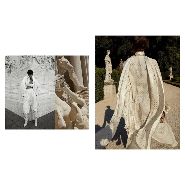 Fashion editorial with a woman in white ensemble posing against architectural backdrop and a statue in a park on a bright day.