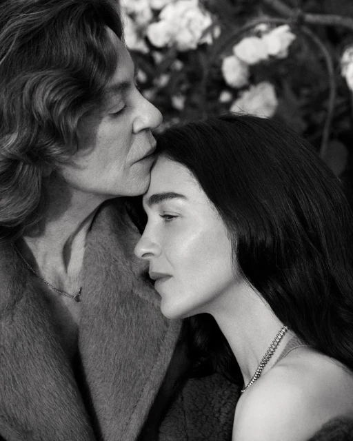 Intimate black and white portrait of two women in soft focus with a rose bush backdrop, showcasing a tender moment in natural light.