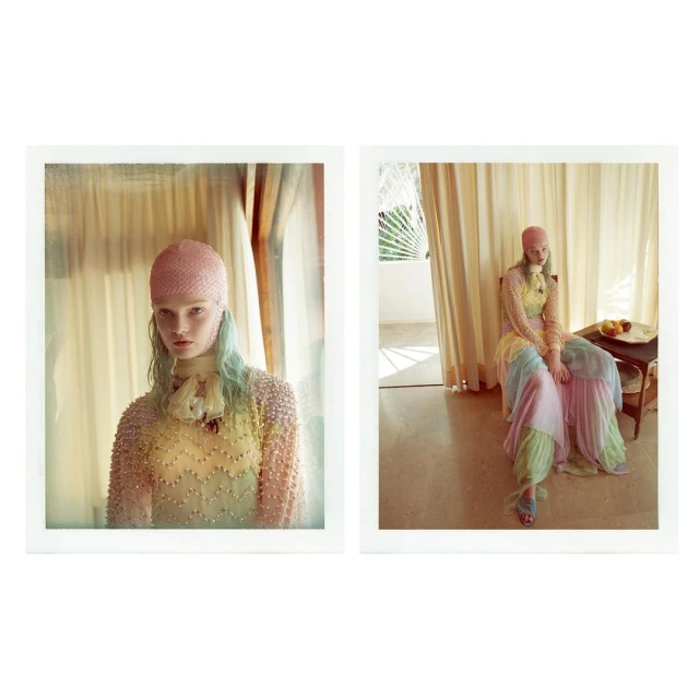 Two Polaroid-style portraits of a fashion model with light teal hair wearing a sheer colorful embellished dress and headscarf indoors.