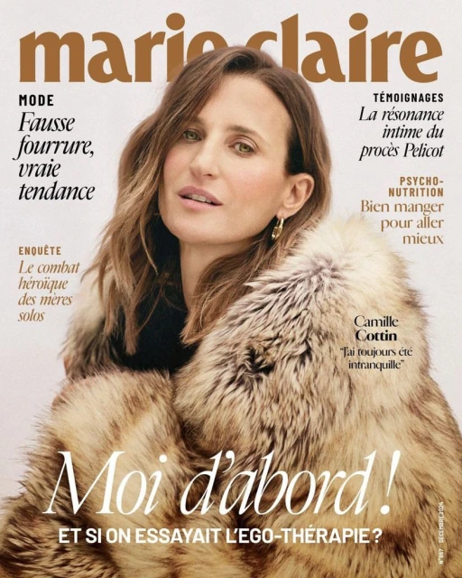 Marie Claire cover featuring Camille Cottin in fur coat; magazine cover with brown and white tones, featuring the actress on a white background.