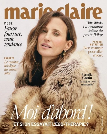 Marie Claire cover featuring Camille Cottin in fur coat; magazine cover with brown and white tones, featuring the actress on a white background.