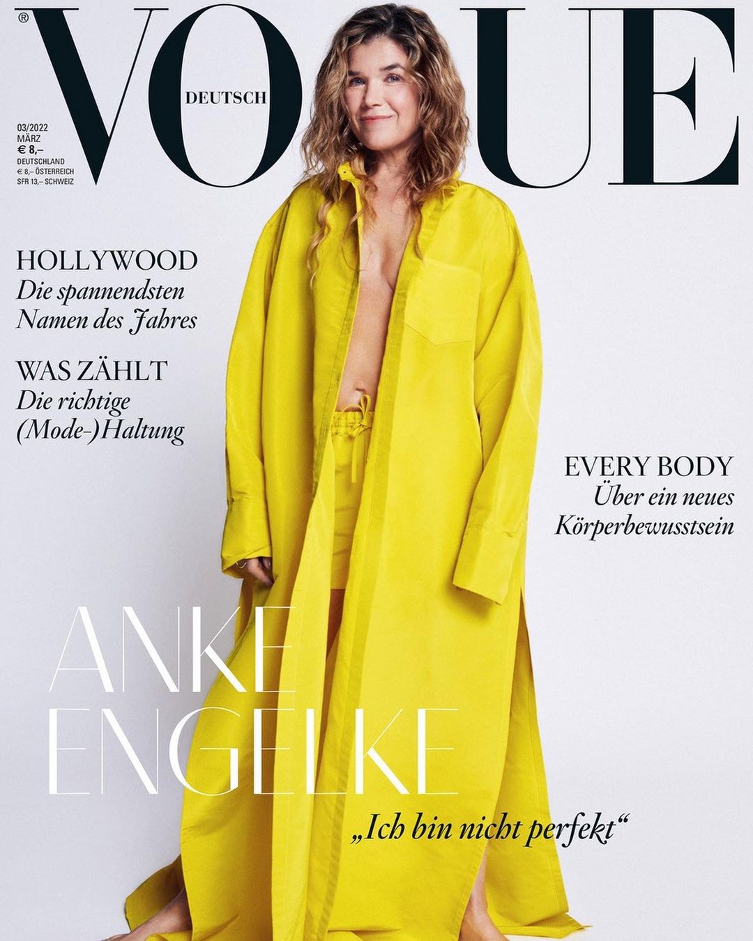 Vogue Deutsch magazine cover featuring Anke Engelke in yellow outfit, captured in a close-up shot against a neutral backdrop.