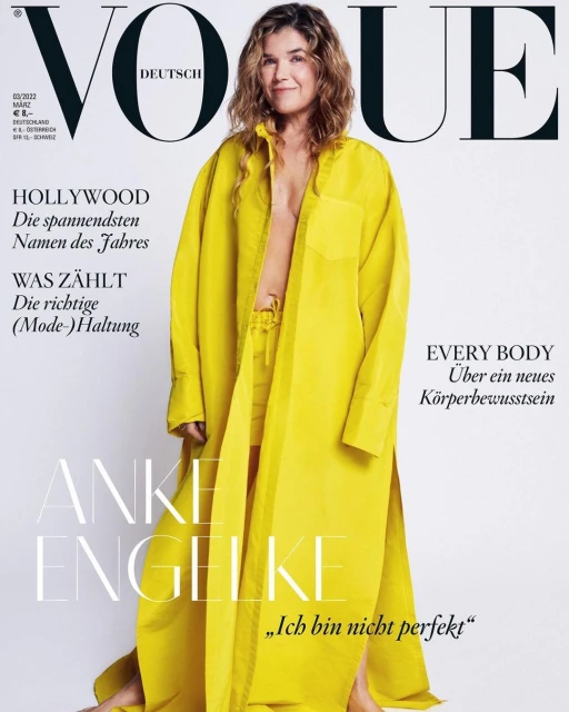 Vogue Deutsch magazine cover featuring Anke Engelke in yellow outfit, captured in a close-up shot against a neutral backdrop.