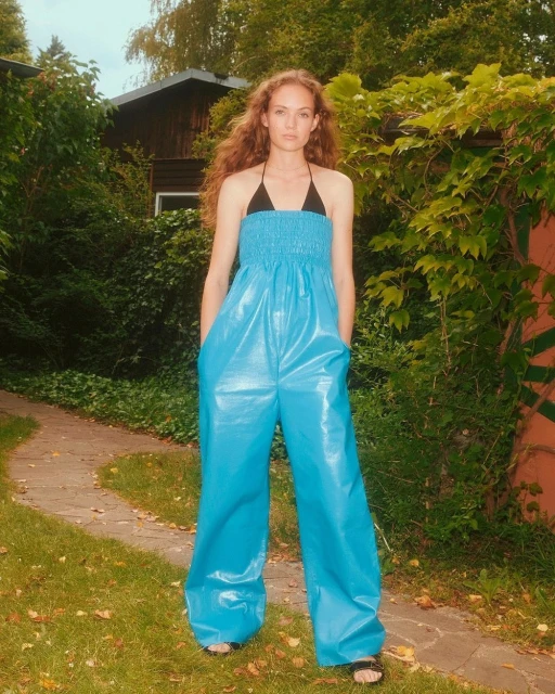 A slender woman with curly red hair poses outdoors in a shiny blue halter-neck jumpsuit with wide legs on a stone path.
