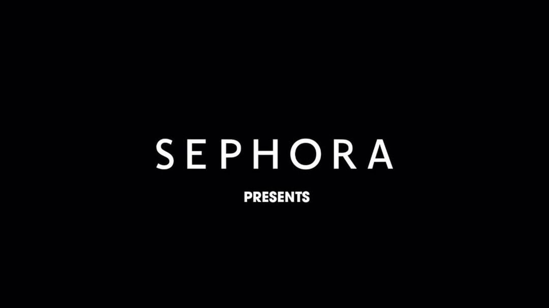 Sephora logo with "Presents" text underneath on a black background. Simple text on dark provides a clean, minimalist graphic.