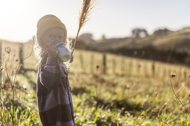 A child drinks from a bottle in a sunny field, wearing a yellow knit hat and plaid shirt, with a blurred natural background.