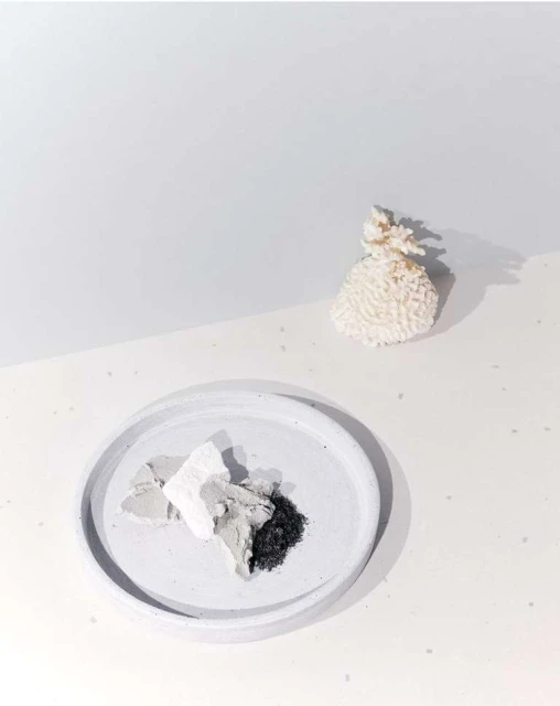 Still life shot of a white coral, cosmetic clay, and a white tray. Minimalist, skincare theme.