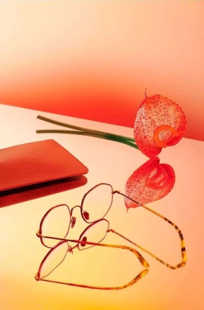 Eyewear frames, a red leather cardholder, and an anthurium flower on a warm gradient reflective surface in Paris.