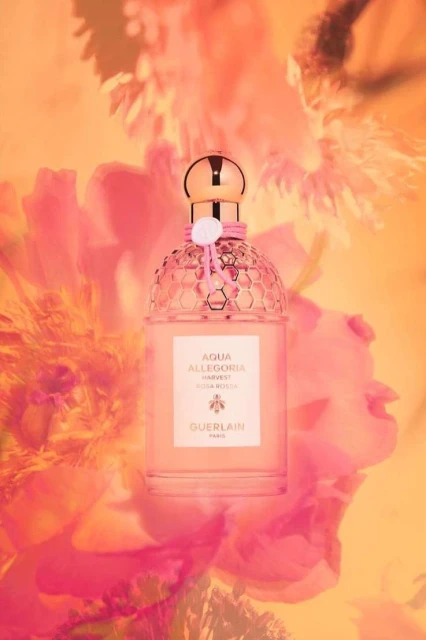 Guerlain Aqua Allegoria Harvest Rosa Rossa perfume bottle with golden cap is showcased among blurred pink and orange floral elements.