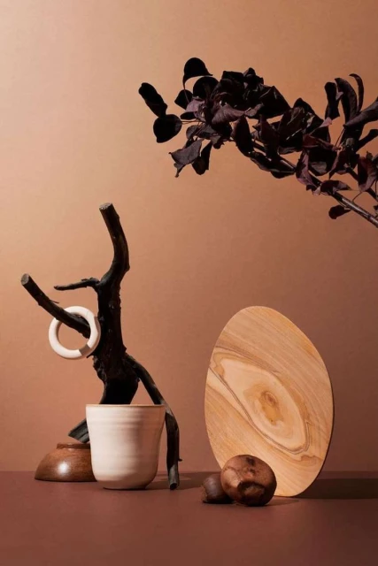 Still life of a wooden cutting board, ceramic cup, and decorative tree branch on a brown surface against a brown background.