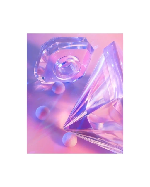 Still life of crystal geometric objects and spheres in pastel hues under studio lighting creates a modern, minimalist aesthetic.