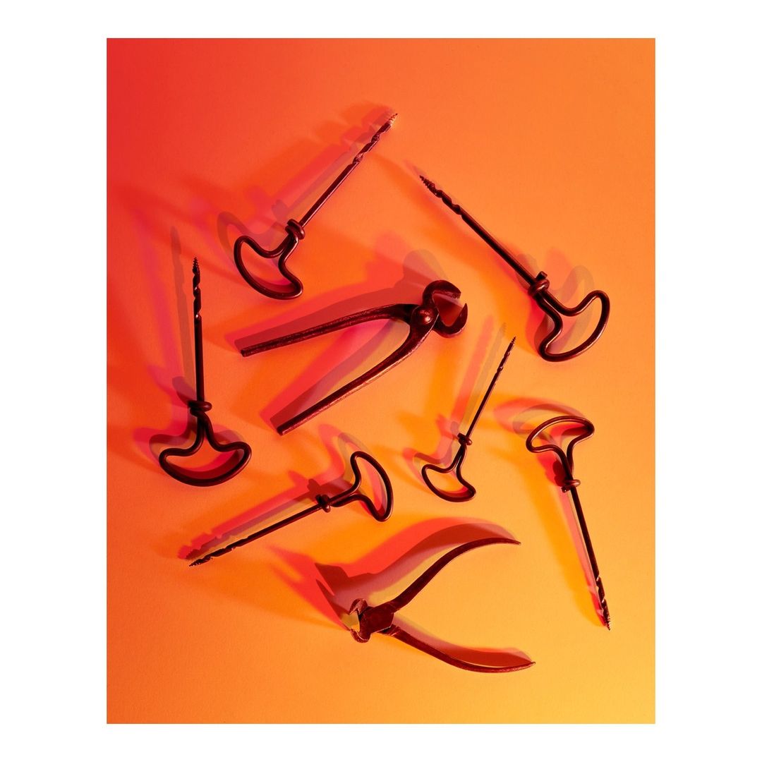 Studio shot of multiple black metal bonsai trimming tools on an orange backdrop with strong lighting and deep shadows, creating a dramatic effect.