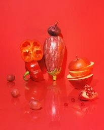 A still life arrangement of red and purple fruits and vegetables on a glossy red surface against a matching red background.