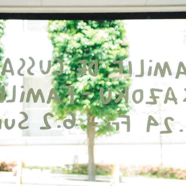 Blurred window with white text and blurred green trees and building exterior in background, creating a soft, ethereal visual effect.