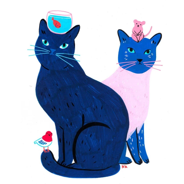 Whimsical illustration featuring two stylized cats, one with a fishbowl on its head and another with a pink mouse, in flat design.