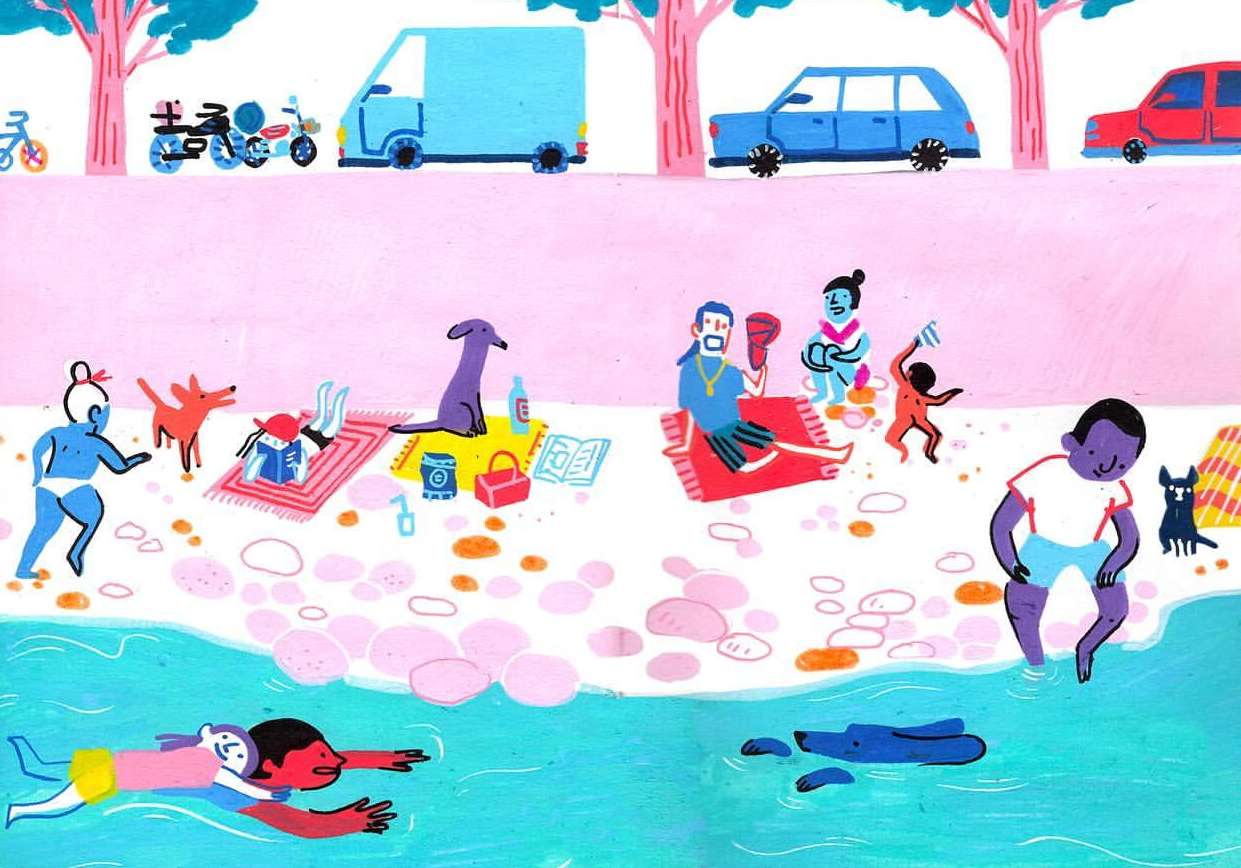 Whimsical illustration of beach scene with families, dogs, and vehicles, featuring swimmers, sunbathers, and various leisure activities.
