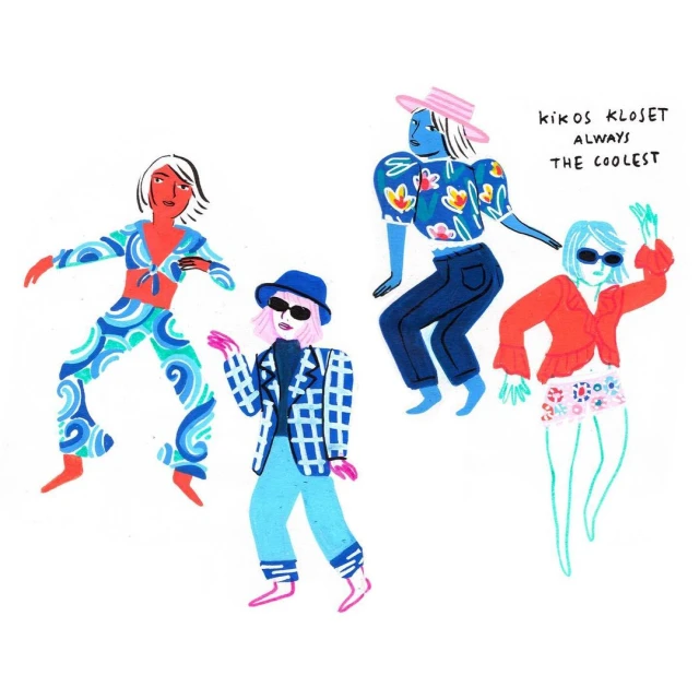 Colorful illustration of four stylized figures in fashionable clothing, dancing against a white background in a whimsical style.