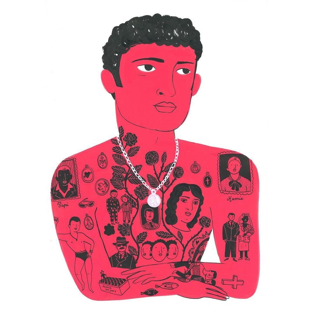 Illustration of a red-skinned man with black curly hair, wearing a silver chain, and tattoos of family photos and roses. 