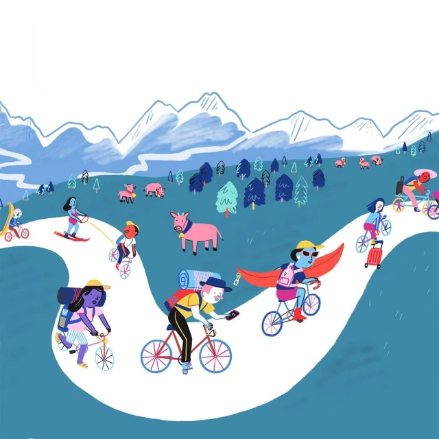 Illustration of people riding bikes and snowboard on a winding path through a landscape with trees, mountains, and pink animals.