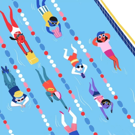 Illustration of people swimming in a pool with lane dividers, various ages, skin tones, and swimwear styles, and sunglasses.
