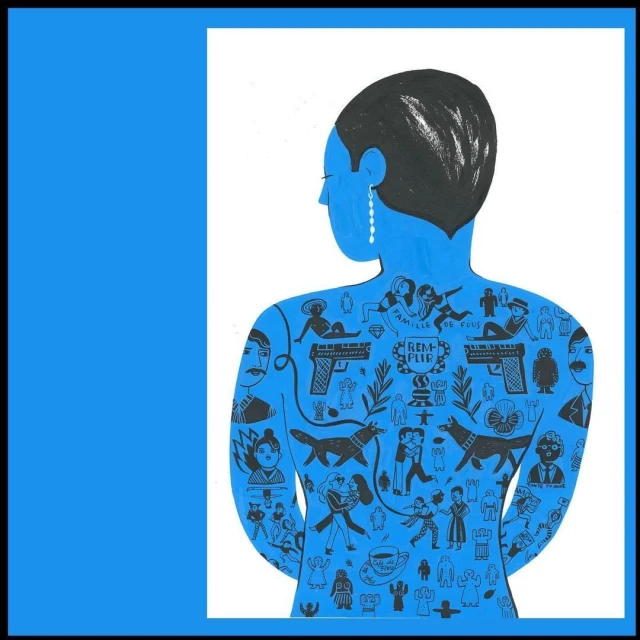 Illustration of a woman with dark hair and blue skin, back turned, featuring tattoo-style drawings in black ink against a white background.