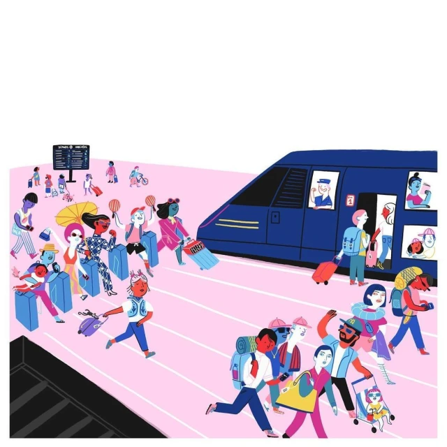Illustration depicts a group of people with luggage walking on a pink platform near a blue train and a train schedule board.