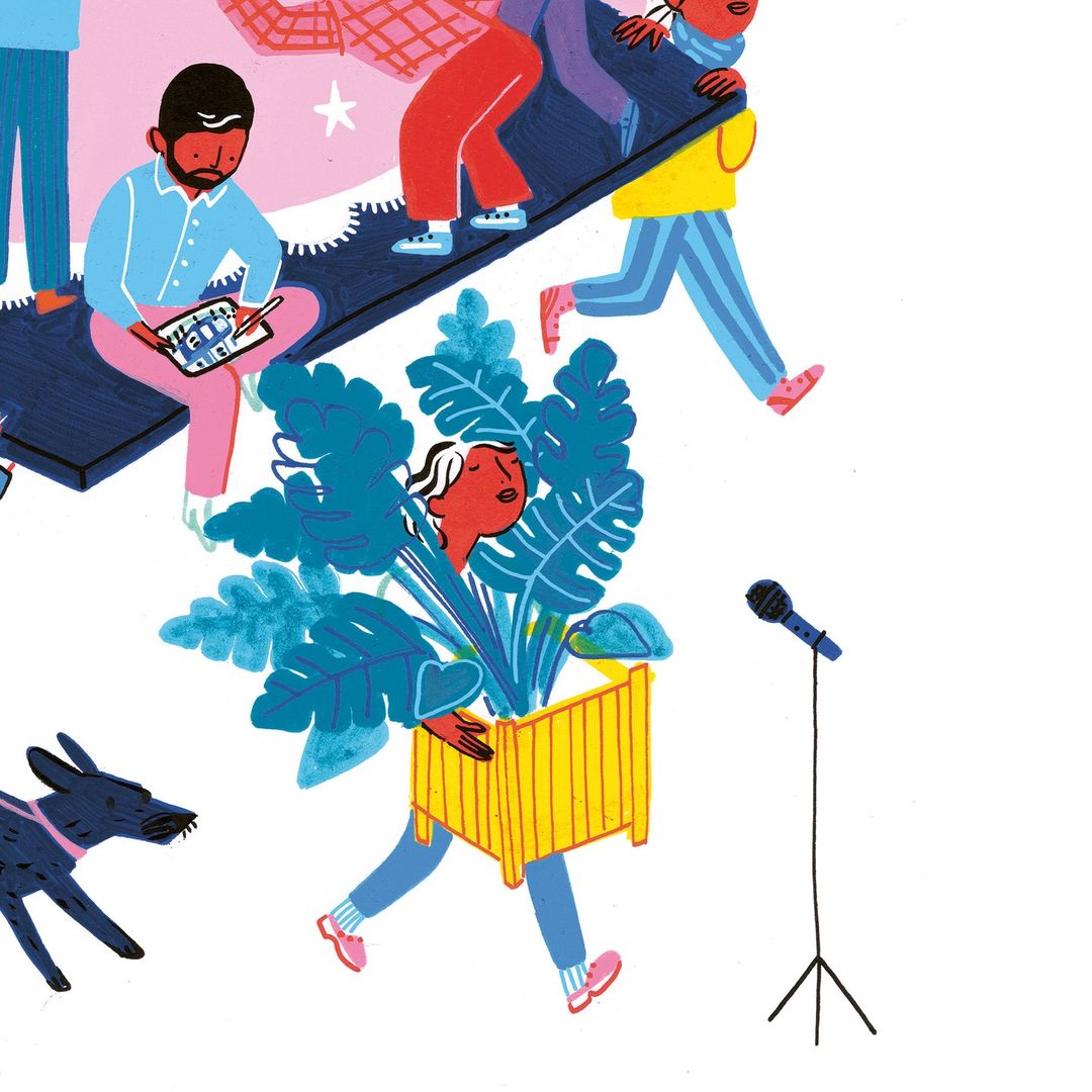 Illustration of diverse figures on a conveyor belt with a person holding a plant, microphone, and dog against a white backdrop.