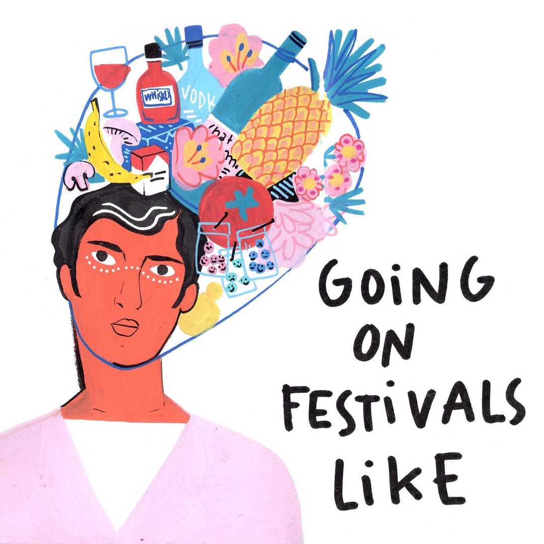 Colorful illustration of a man with food and drink-themed thoughts, with text 'Going on Festivals Like'.