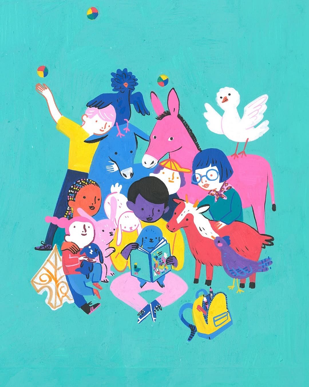 Illustration of group of children and animals including donkeys, birds, and rabbits, reading a book on a teal background.