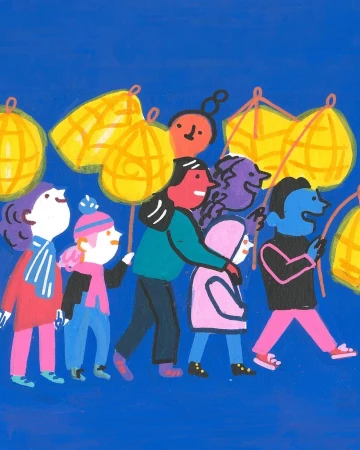 Illustration of a group of children and adults walking with yellow paper lanterns against a dark blue background in a parade style.