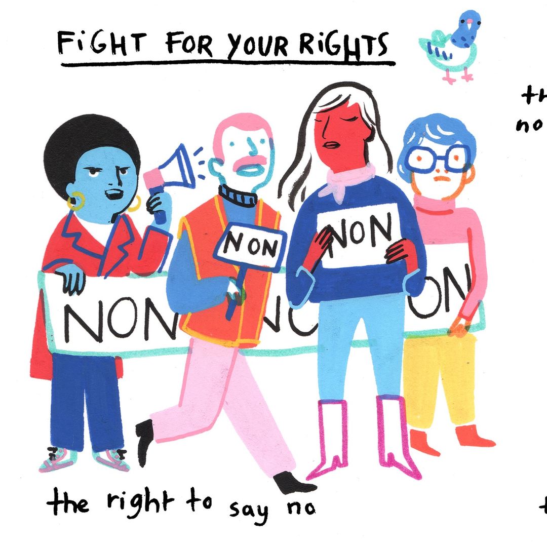 Illustration of a diverse group protesting, holding signs with 'NON' on them, in a colorful, stylized, hand-drawn aesthetic.