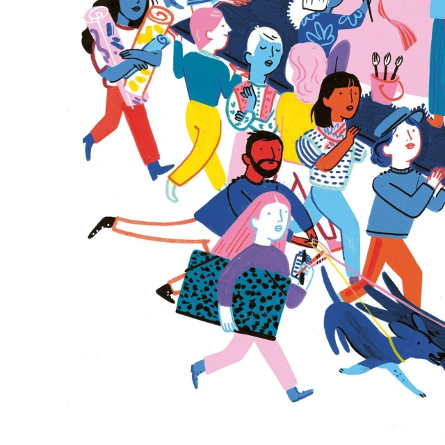 Whimsical illustration featuring a diverse group of people walking with luggage and objects on a white background, creating a sense of motion.