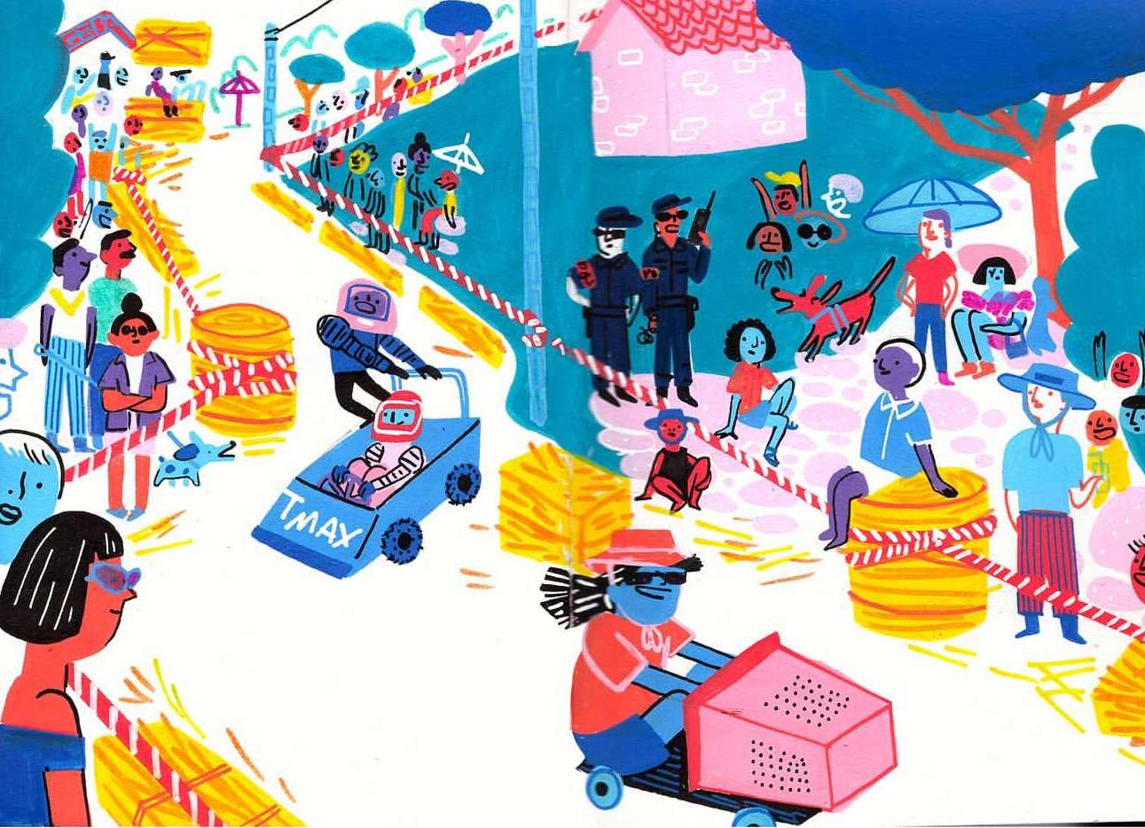 Whimsical gouache illustration of a colorful race, featuring participants in homemade carts, observed by a diverse crowd and authorities.