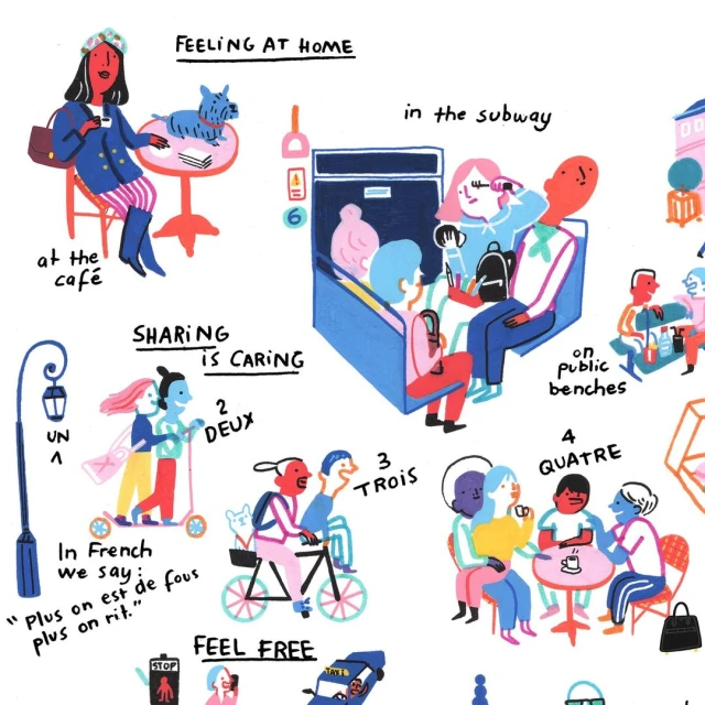 Illustrated scene of people in different locations: at a cafe, in the subway, riding a bicycle, sharing a scooter, and sitting on benches.